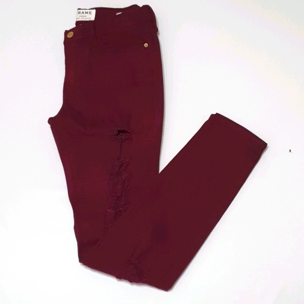 FRAME Midrise Distress Burgundy Funky Skinny Jeans - Picture 4 of 10